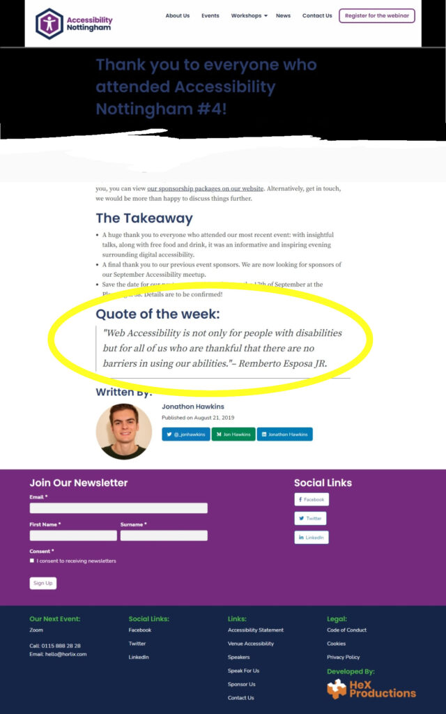 Screenshot of Accessibility Nottingham of UK wherein it was presented as quote of the week.